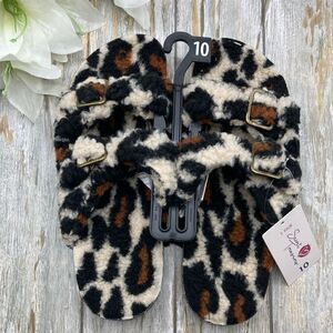 Fuzzy Leopard 2 Band Luxe Step In Comfy Indoor Outdoor Sandals Slippers Shoes 10